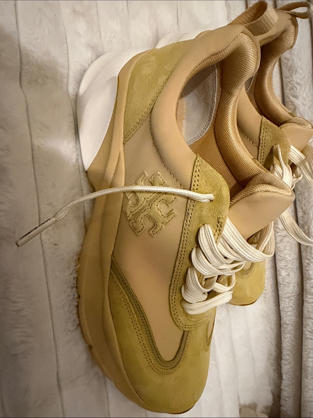 Tory Burch Cream and Yellow Suede-Trim Sneakers